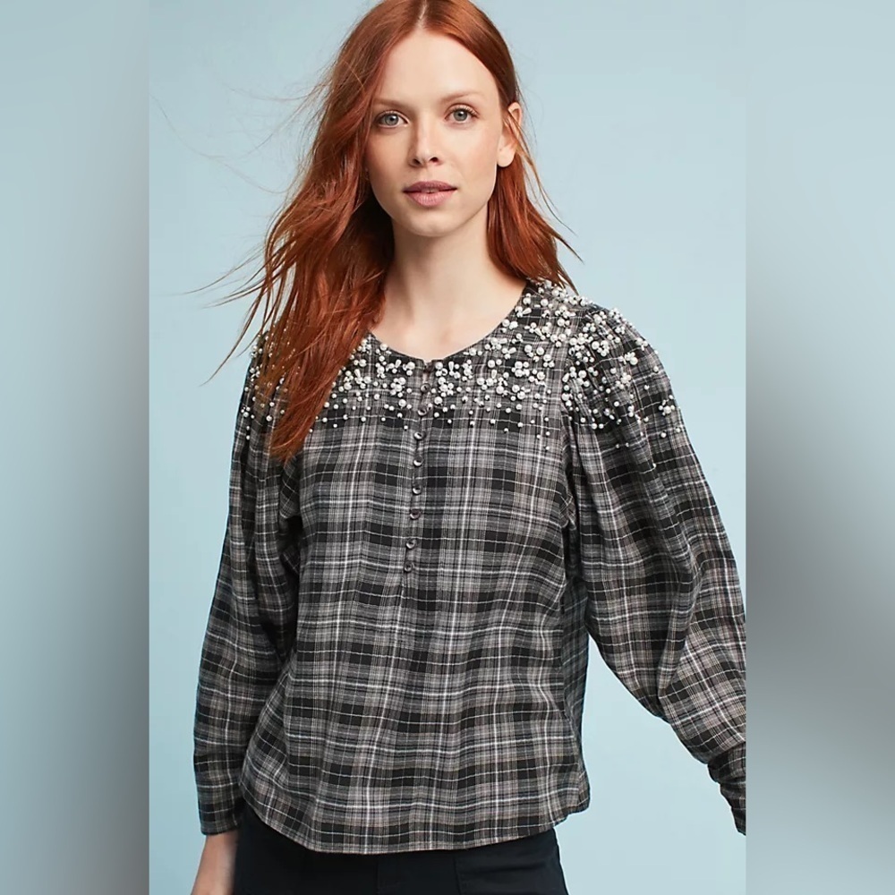 NEW Akemi + Kin Anthropologie Embellished Flannel Top Gray Pearl Small NWT
